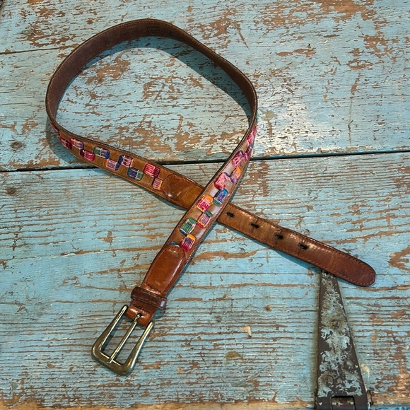 Big Fossil Genuine Leather Embroidered Belt Brass Buckle Boho Western Size L - Picture 2 of 6